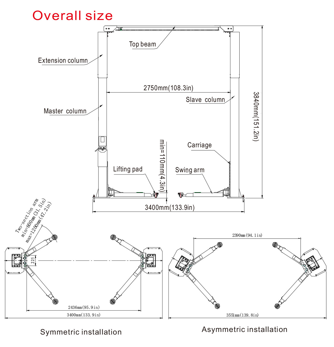 TLT235SC Economical Clear Floor Two Post Lift,Car lift